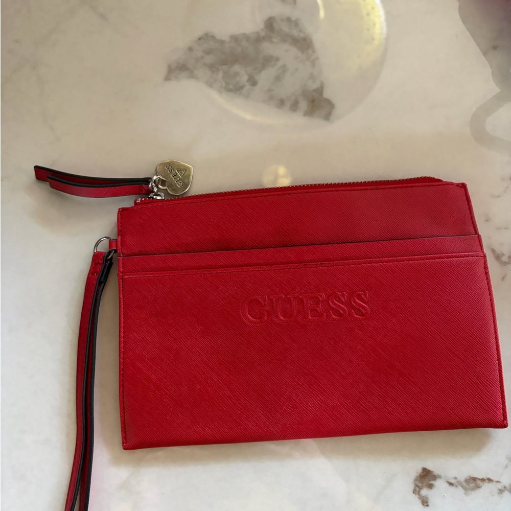 GUESS Red Embossed Wristlet Clutch with Gold Charm